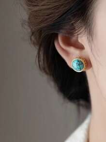1 Pair Fashionable Crystal & Turquoise Round Clip On Earrings, Elegant Gift For Women, Suitable For Daily Wear