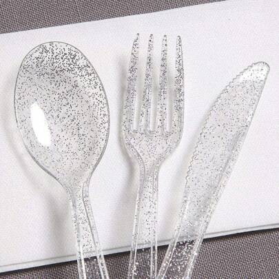 30pcs Silver Plastic Silverware, Disposable Use Gold Plastic Cutlery Set, Including 10pcs Silver Forks, 10pcs Silver Spoons, 10pcs Silver Knives, Suitable For Wedding, Party, Birthday, Holiday