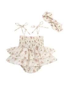 Summer Jumpsuit Set Floral Elasticated Bust Sleeveless Ruffled Romper With Bow Headband - Beige - View 2