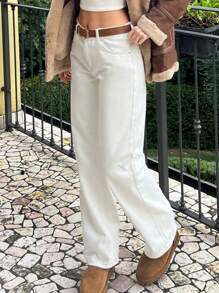 MYOURSA Low Rise Washed Straight Leg Jeans Loose Fit Casual Work Commuter Daily Outfits For Women White - 白色 - 查看 5