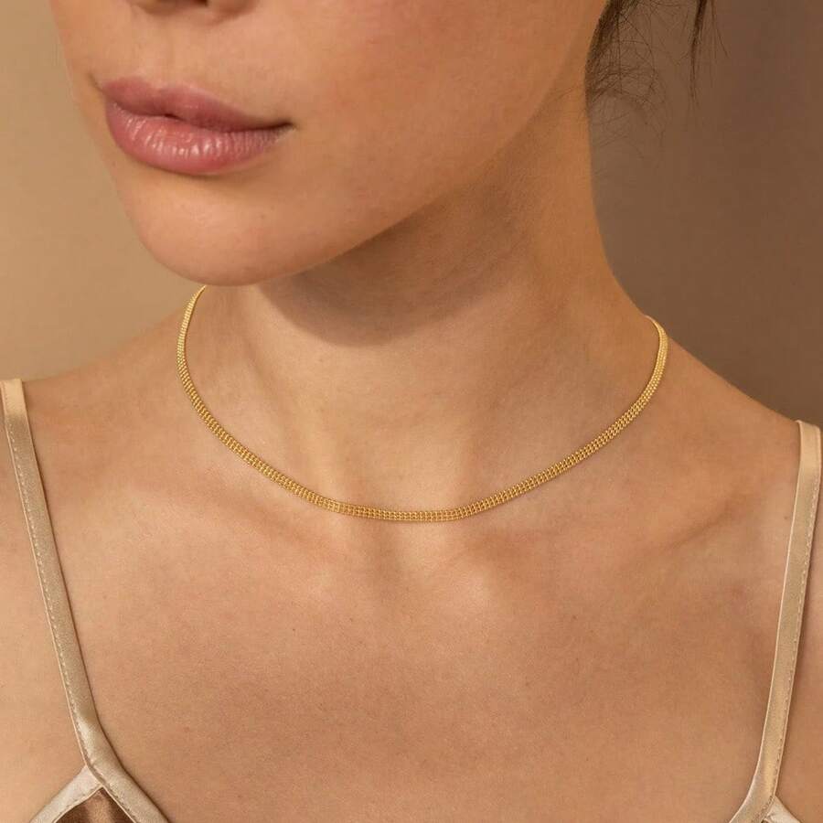 1pc Fashionable Retro Three Row Bead Necklace Collarbone Chain Women's Daily Decoration - Yellow Gold - View 1