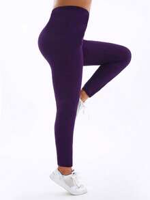 Women Plus Size Purple Leggings, Casual European & American Style, Outdoor Sports & Fitness Pants, Simple, Soft, Comfortable, High Elasticity, Body-Hugging, For Home, Yoga, Beach, Music Festival, Camping, Hiking, Cycling, Stretching, Cropped, Spring/Summer