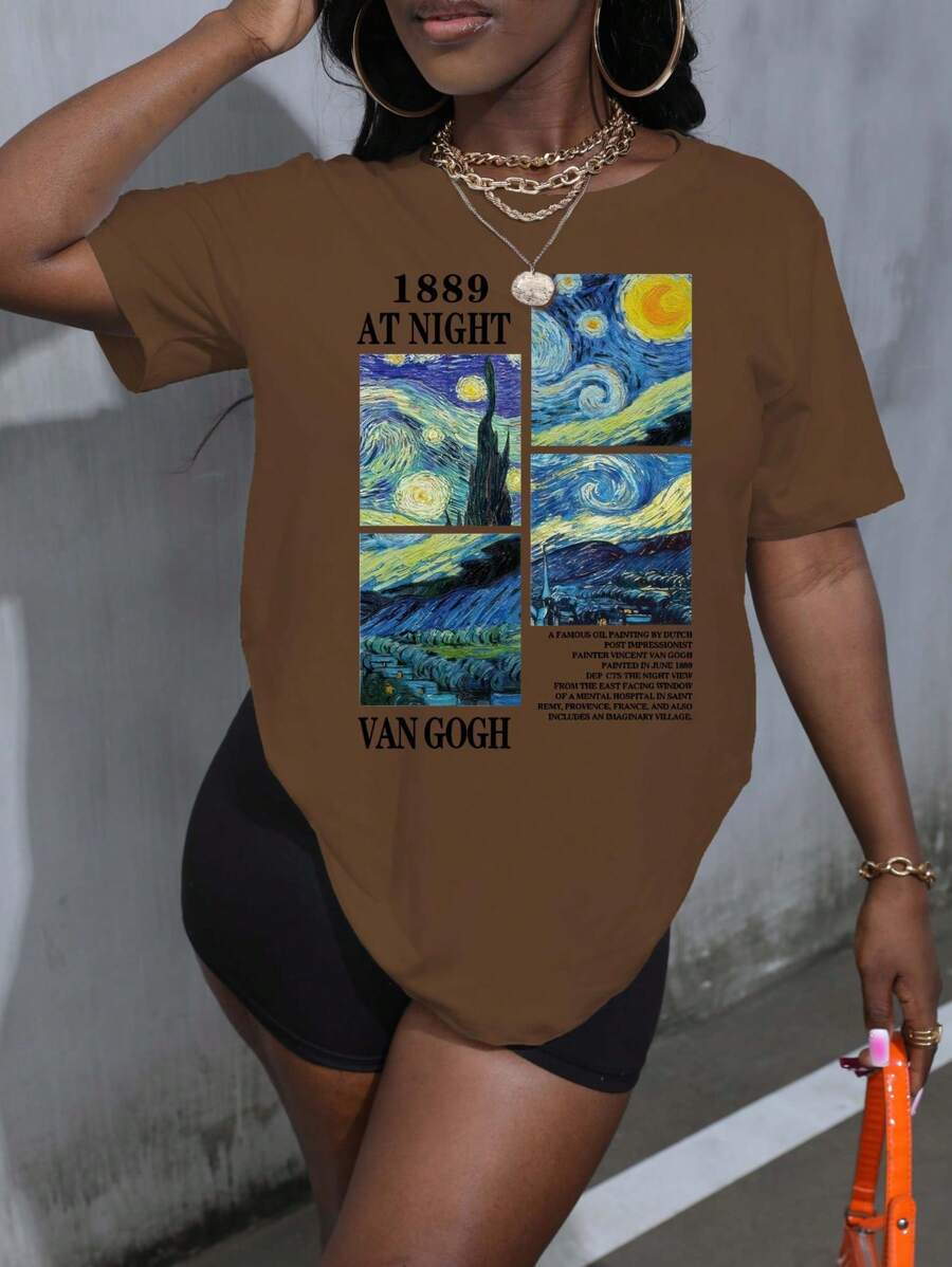 تي شيرت فان جوخ طباعة "الليلة النجمية" فن تعبيري