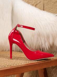 Spring Women's Fashionable Red High Heels, Classy Versatile Non-Slip Pointed Toe Ankle Strap Pumps, Sexy Slim Stiletto