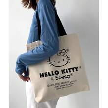 Sanrio 1 pieza/1 pieza/Bolso grande con capacidad de lona con diseño de gatito de dibujos animados, bolso de hombro versátil para ir a la escuela o la oficina
