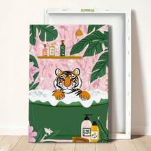 1pc Framed Canvas Wall Art Poster Pop Art Colorful Whimsical Playful Bold Simple Floral Tiger Pink Green. A Tiger Sitting In A Bathtub Surrounded By Flowers Wall Art For Living Room Bedroom Bathroom Kitchen Apartment Hotel, Artful Home Decoration - Framed, Vertical