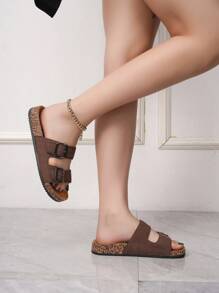 女士深棕色双带金属扣舒适皮革和软木平底凉鞋 - 巧克力棕 - 查看 4