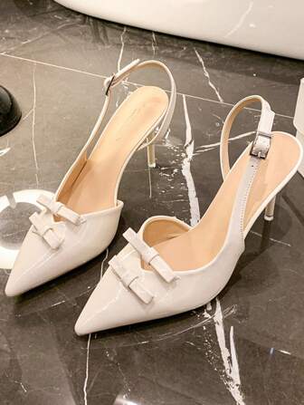 米色蝴蝶结尖头细高跟鞋后带时尚通勤、派对、度假百搭女孩高跟鞋