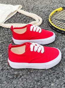 Giày vải trắng Giày trẻ em màu trắng Giày thể thao trung bình Giày vải trẻ em Mùa xuân và mùa thu Phiên bản Hàn Quốc Giày đơn giản cho bé trai và bé gái Giày thể thao cổ thấp buộc dây thường ngày Giày vải cổ thấp cổ điển Tất cả các môn thể thao thường ngày Giày trượt ván trẻ em - Đỏ - Xem 2
