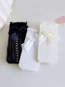 3 Pairs Girls Princess Lace Ruffle Knee High Socks With Bow, Children Mid-Calf Socks, Size 3-12Y