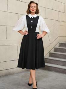 AOMEI Vintage Style Plus Size Dresses A Line Black White Color Block Lantern Sleeves Button Peter Pan Collar - Black - View 7