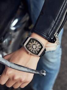 Hochwertige Diamanten Herrenuhr, im Retro-Stil mit großem Zifferblatt, Kalender, tonnnenförmigem Gehäuse und Lederarmband, Business Armbanduhr