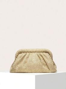 Women's Solid Color Straw Woven Wrinkled Cloud Bag, Retro , Large Capacity And Fashionable, Suitable For Going Out Shopping.