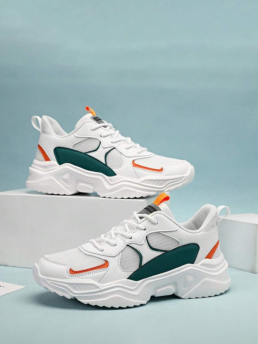 Men's Letter Print Color Block Lace Up Sneakers, Platform Shoes, School Shoes, Students Casual Sports Shoes, Road Running Shoes - 白色 - 查看 1