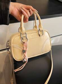 1 件时尚 PU 皮革斜挎单肩保龄球包，简约时尚迷你包，附带编织绳饰物 - 米色 - 查看 3