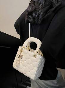 Fashionable New Women's Handbag, Solid Color Minimalist PU Leather Small Square Bag, Elegant Chic Suitable For Dating, Shopping, Versatile, Comes With Scarf, Bow, Pearl Accessories, Great Gift For Valentine's Day, Elegant Pearl Bag, Best Mother's Day Gifts Women
