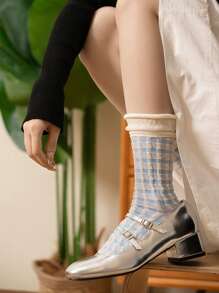 1 par/5 pares de calcetines hasta la rodilla de verano y primavera con estilo dulce y lindo de dopamina para mujeres, medias de doble capa con estampado de cuadros y en colores caramelo, estilo Y2K