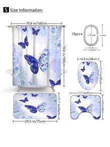 1pc/4pcs Set Blue Butterfly & Floral Multifunctional Bathroom Waterproof Shower Curtain With 12 Hooks, Bathroom Anti-Slip Mat, U-Shape Toilet Mat And Round Toilet Seat Cover, Bathroom Accessory Set For Full Scene Use