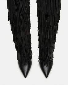 Black Leather Knee High Fringe Boots Layered Fringe Boots Sleek Pointed Toe Stiletto Shoes Fashion Exquisite Luxury Boots - Black - View 4