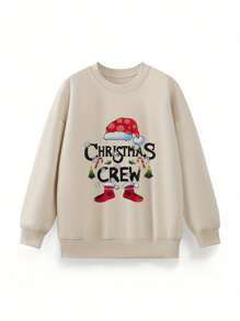 Women's Christmas Sweatshirt Long Sleeve Crewneck Letter Santa Hat Print Pullover - Beige - View 5
