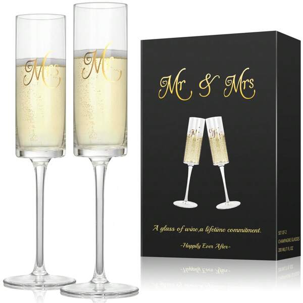Set Of 2 Champagne Flutes - Mr & Mrs - Engagement Gifts, Wedding Gifts For Couples - 210ml, Elegant Glasses For Champagne, Prosecco, Christmas, Birthday
