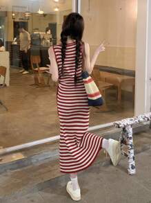 Ins Style Women Drawstring Crew Neck Sleeveless Long Casual Sweater Dress