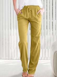 Women Elastic Waist Solid Color Pants High Rise Drawstring Straight Leg Trousers With Pockets Casual Long Trousers - Ginger - View 2