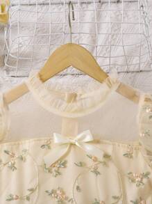 Girls Embroidered Flower Mesh Patchwork Puff Sleeve Round Neck Zipper Decorated Fashion Princess Dress, For Teens - Apricot - View 5