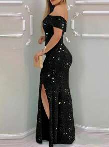 Elegant Off Shoulder Solid Color High Slit Ruffle Trim Sparkly Long Party Dress For Women, Valentine's Day Gift - Black - View 5