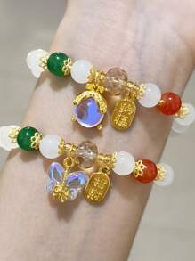 2 piezas Pulsera de la amistad con dije de mariposa y luciérnaga blanca con estilo chino, adorno de la suerte lindo para mujeres