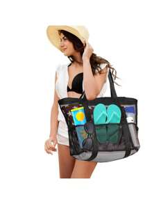 1PC Large Mesh Beach Bag - Sandproof Swim Tote Bag Oversized For Family Foldable Lightweight Pool Boat Bag, Beach Essentials, Beach Accessories, Pool Float - Multicolor - View 5