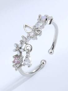 1 件可调节银质花朵微镶锆石戒指，蝴蝶开口戒指，适合女士日常佩戴，适合周年纪念、派对、特殊场合佩戴，情侣珠宝礼物