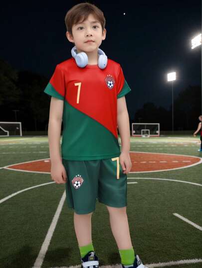 Polyester Soccer Jersey And Shorts Set For Teens - Opaque, Colorblock Design For Sports And Performance, Crew Neck, Easy Care, Great For Spring/Summer, Boys Soccer Gift, Perfect For Outdoor Activities