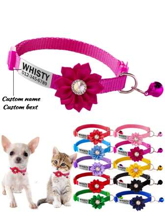 1 pieza Collar personalizado para mascotas con decoración de flor de strass, hebilla de dibujos animados anti-ahogo, ajustable en tamaño, adecuado para gatos de menos de 5 kg o perros pequeños/medianos, etiqueta personalizada, suministros de regalo de Navidad