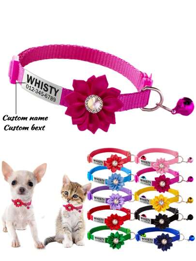 1pc Customized Rhinestone Flower Decor Pet Collar, Cartoon Anti-Choking Buckle Adjustable Size, Suitable For Cats Under 5kg Or Small/Medium Dogs, Personalized Label