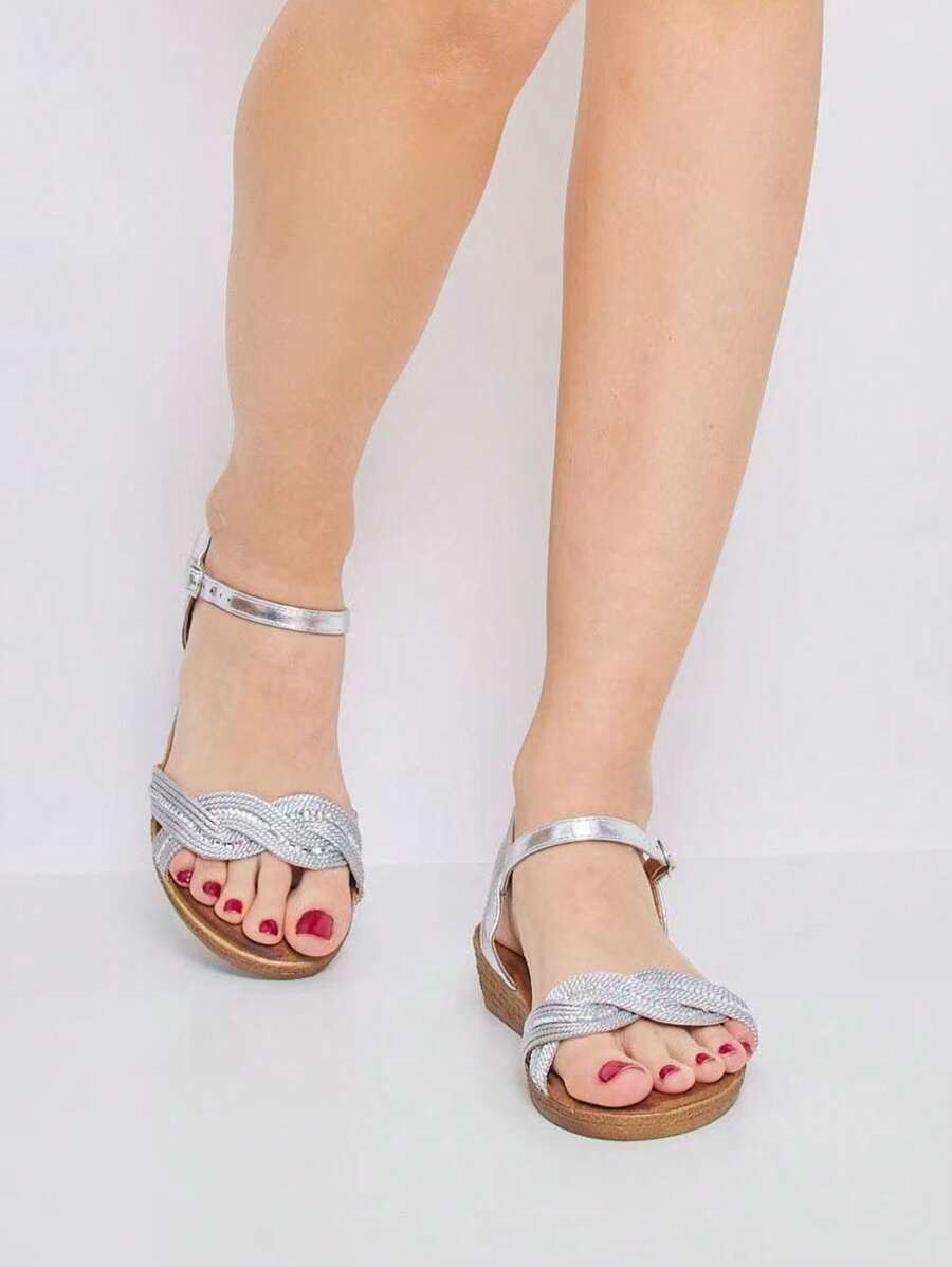 Women's Summer Fashion Rhinestone Decor Wedge Heel Sandals Stylish Sandals Summer Sandals For Women - Silver - View 1