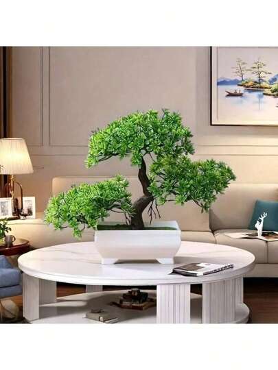 Konstgjord tallbonsaiträd med 1 kruka, mångsidig inomhusinredning, konstgjord grön växt i plast, bordsdekoration, inkluderar kruka, lämplig för inflyttningsfest, jul, halloween, påsk, Thanksgiving och andra tillfällen