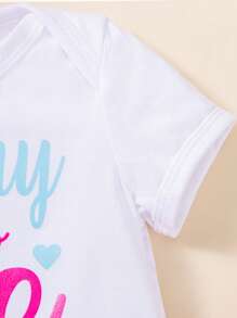 2pcs Baby Girl Party Outfit, Cute Cartoon Print Short Sleeve Bodysuit And Headband Set, Mesh Patchwork , Suitable For All Seasons - White - View 4