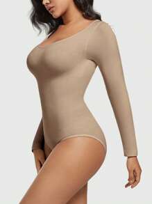 Women's One-Piece Seamless Shapewear, Belly Lift, Hip Lift, Long Sleeves, Large Neckline, Sexy Body Shapewear, Breathable, High-Stretch And Comfortable Briefs - 杏色 - 查看 2