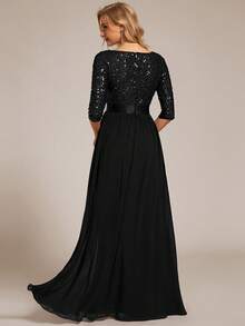 Contrast Sequin Bodice Chiffon Prom Evening Dress - Black - View 2