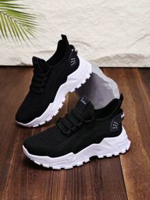 1 Pair Unisex Breathable Mesh Lace-Up Design Sneakers Suitable For Outdoor Sports, Teens, Summer - Black - View 3