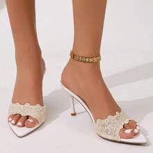 French Style Women High Heel Sandals, Office Shoes Embroidered High Heels, Party Pumps - Beige - View 1
