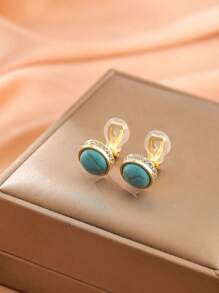 1 Pair Fashionable Crystal & Turquoise Round Clip On Earrings, Elegant Gift For Women, Suitable For Daily Wear