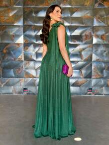 LONG TULLE PARTY DRESS WITH SHINE, ONE SHOULDER, BRIDESMAIDS, GRADUATES, WEDDING - Olive Green - View 2