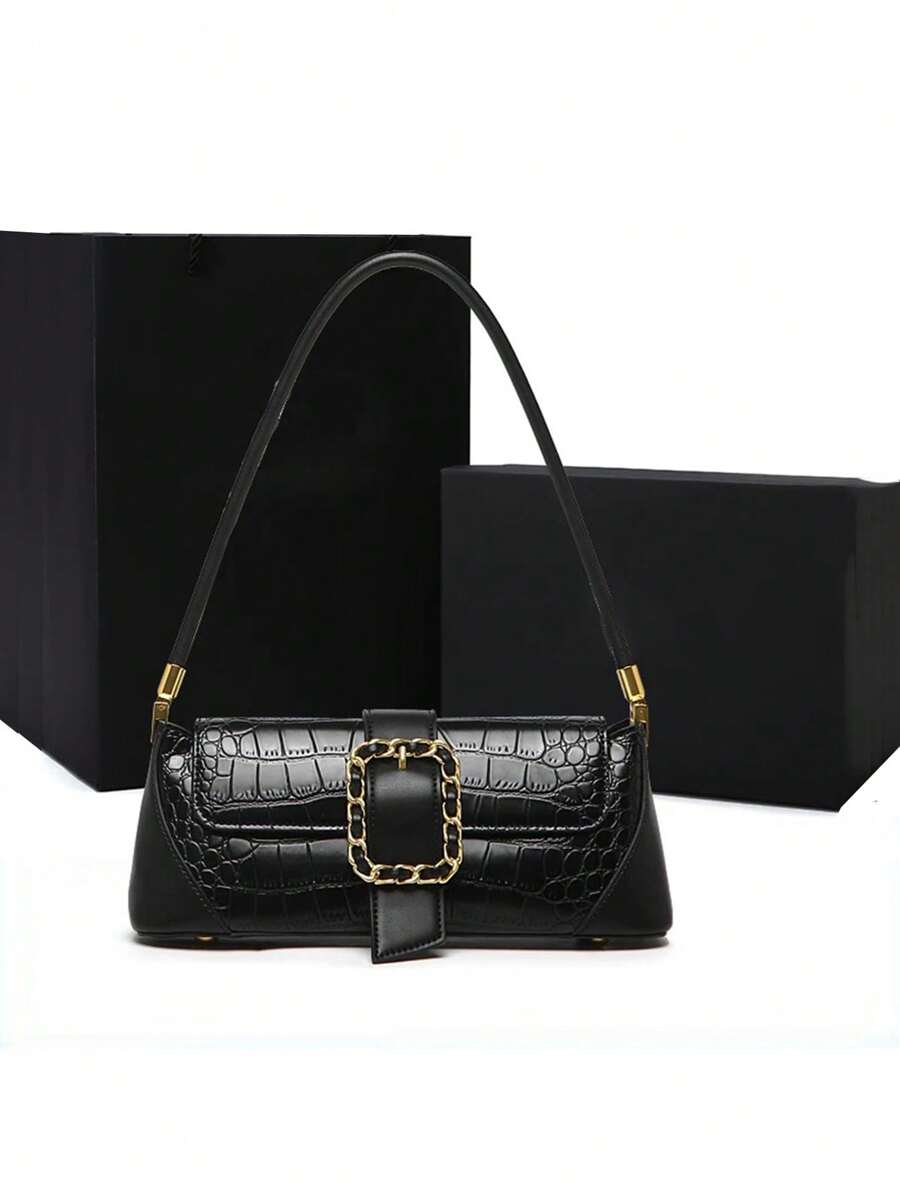 Fashionable Versatile Casual Commuter Armpit Texture Baguette Bag, Suitable For Dating, Valentine's Day Gift, Daily Use - Black - View 1