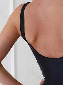 Women's Patchwork Ribbon & Mesh One-Piece Swimsuit, Casual Style - Black - View 5