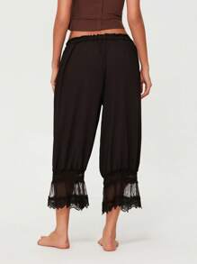 Women Lace Trim Long Bloomers Elastic Mid Rise Ruffle Pantaloons Cropped Flared Slips Pants Bottoms - Black - View 5
