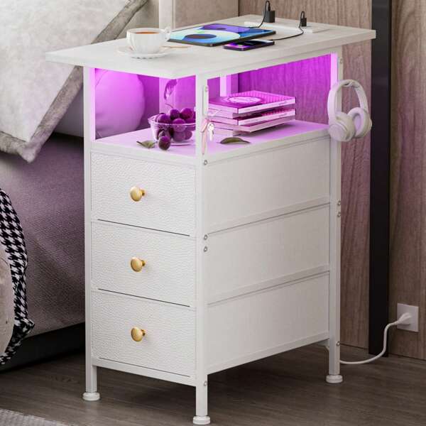 End Table With Charging Station, Narrow Side Table With 3 Fabric Drawers And 2 Shelves, Skinny Nightstand With LED Light, Slim Bedside Table For Bedroom, Living Room, Small Spaces, White