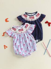 Baby Girl Patriotic Romper Casual Plaid Print Flag Embroidery Summer Fly Sleeves Jumpsuit For Newborn Cute Clothes