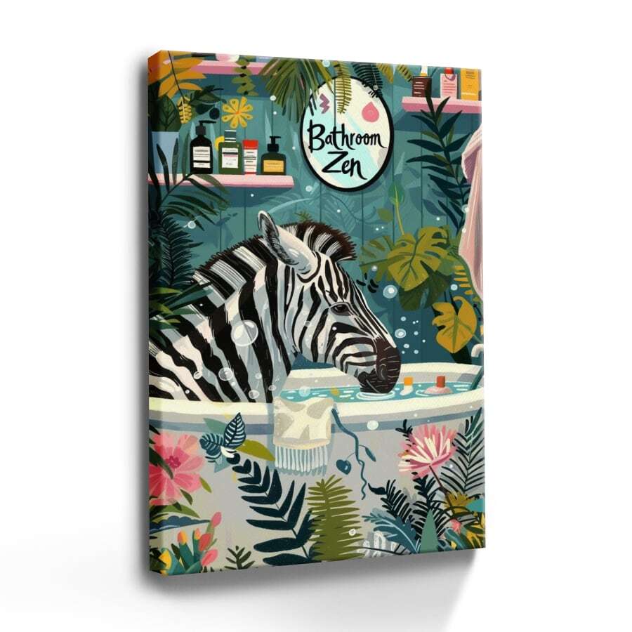 1pc Framed Canvas Wall Art Poster Abstract Digital Realism A Zebra Is Taking A Bath In A Tub Wall Art For Living Room Bedroom Bathroom Kitchen Apartment Hotel, Artful Home Decoration - Framed, Vertical - Framed Canvas - View 1